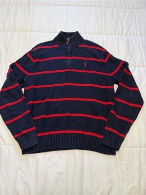 Ralph Lauren Navy Zip-Up Sweater with Red Stripes
